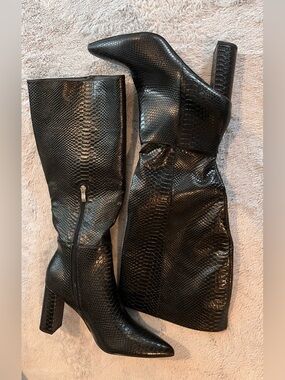 Black Faux Snake Skin Knee High Boots- Heeled